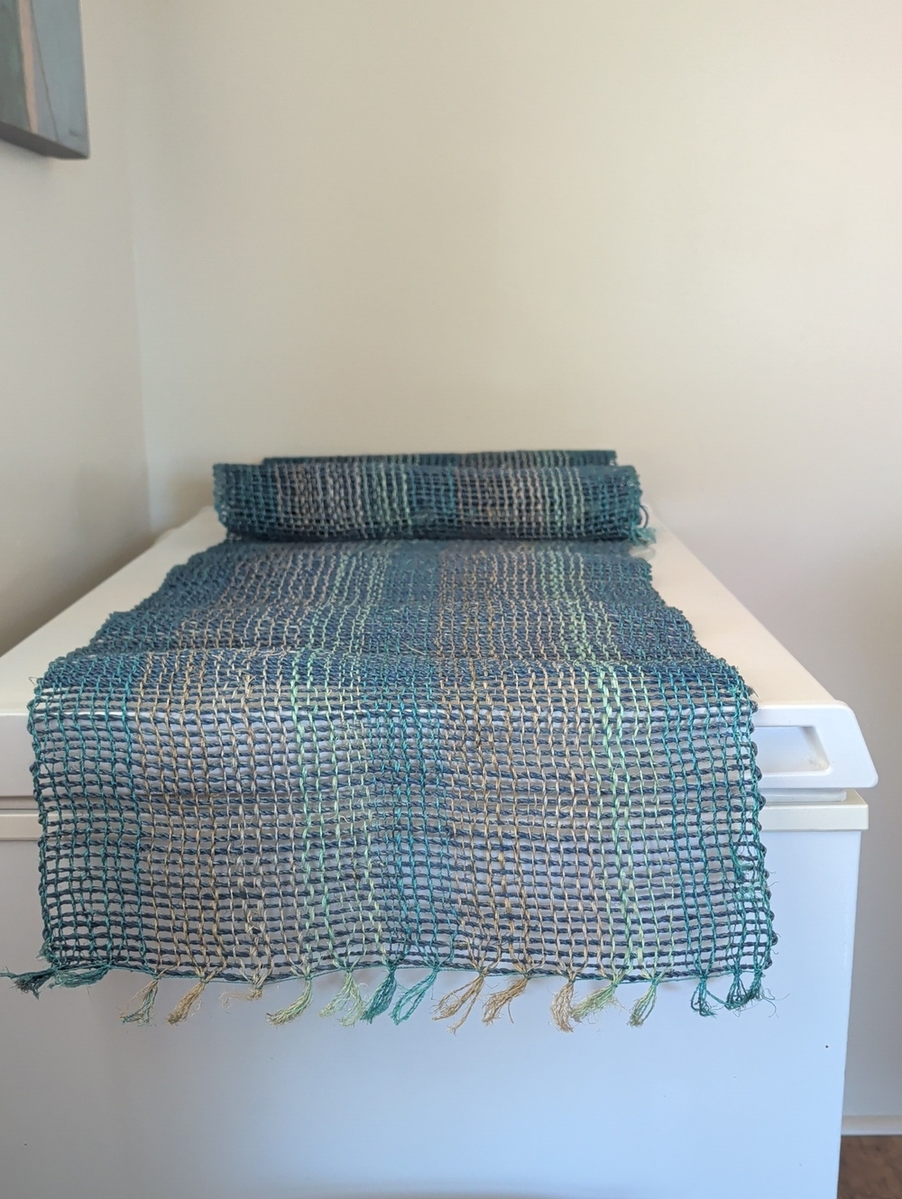 Handwoven Blue-Green Open Weave Table Runner 15x70"